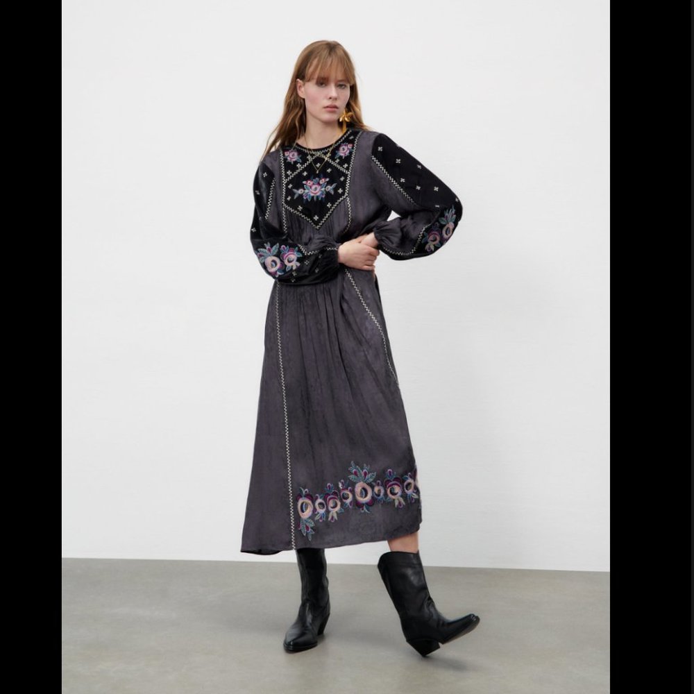 ZARA EMBROIDERED MIDI DRESS